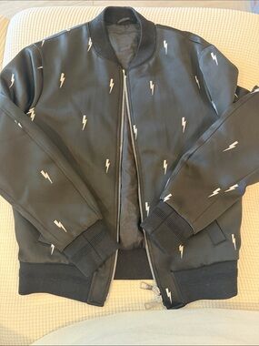 Neil Barrett Black Bomber Jacket with White Lightning Bolts